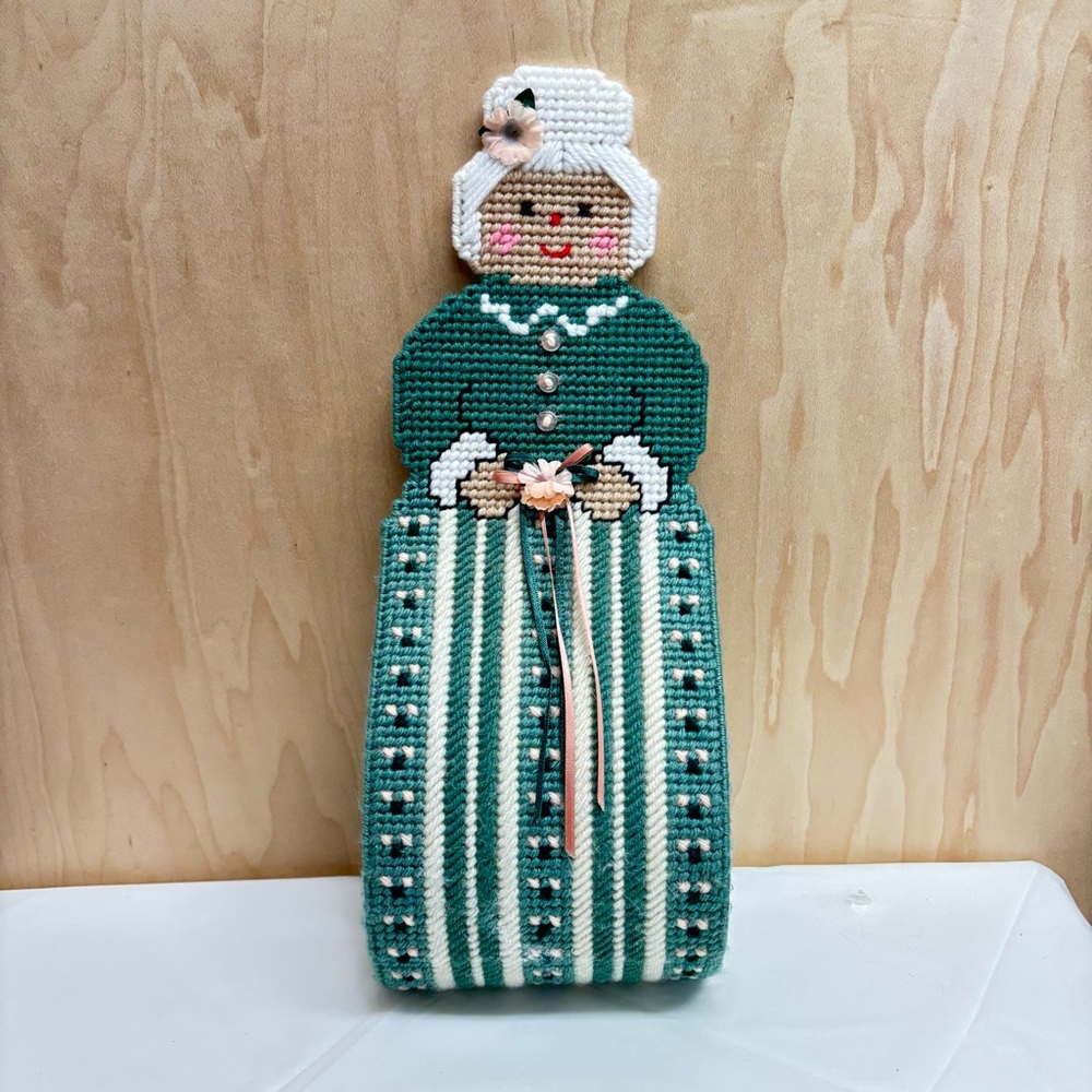 Vintage Plastic Canvas Granny Tea Towel Holder Handmade 13”